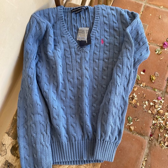 RALPH LAUREN Classic Preppy Blue Cable Knit V-Neck Sweater Pink Polo Pony XL NEW - Picture 11 of 12